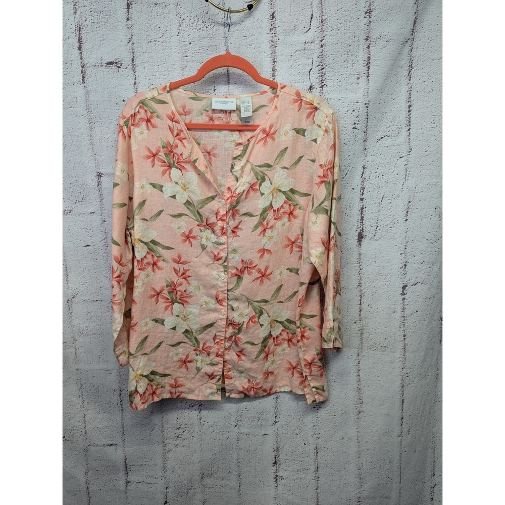 Liz Claiborne Top Womens Pink Floral Linen Button Up Blouse Resort Sz XL